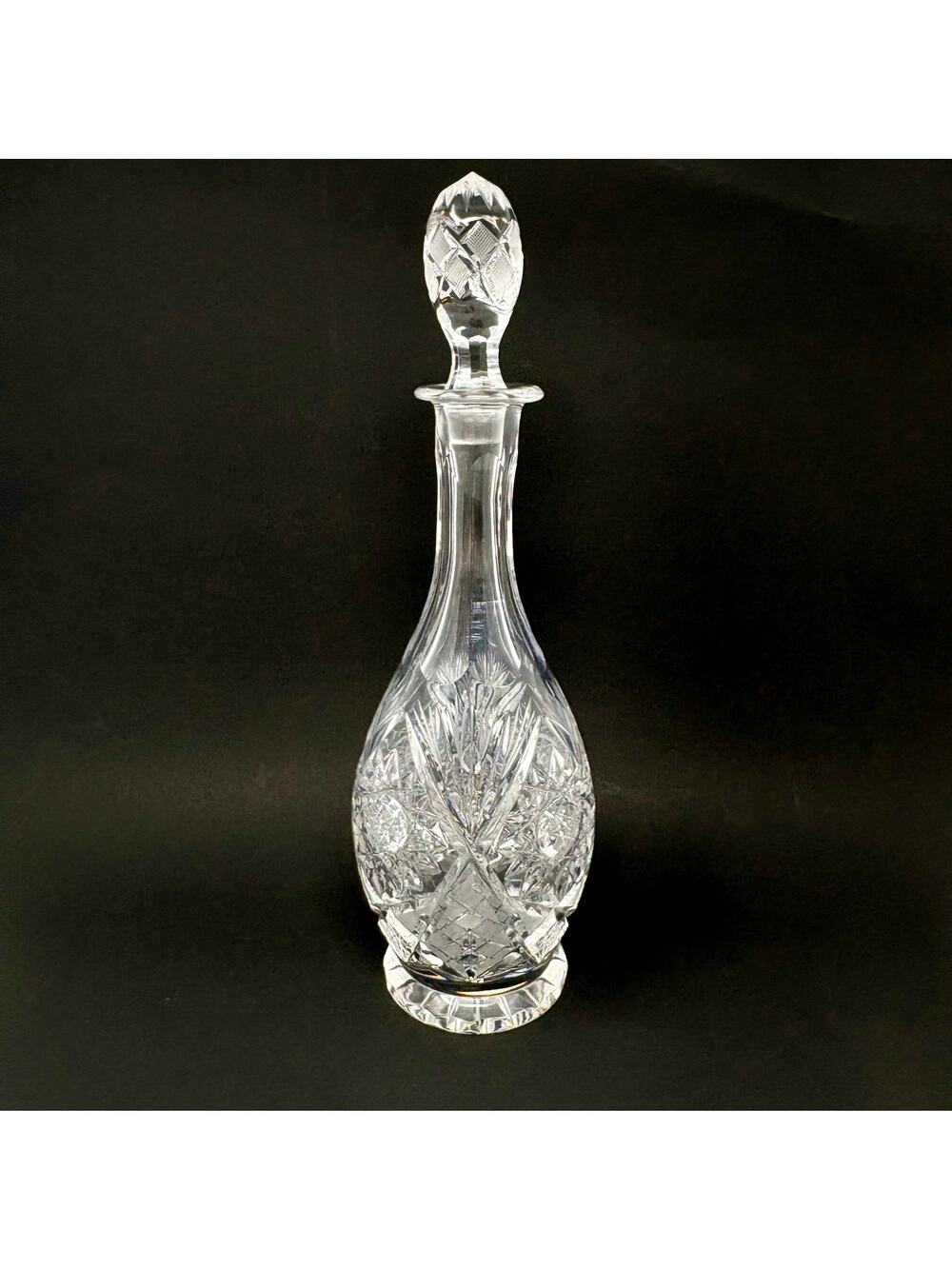 Vintage Bohemian Cut Crystal Pinwheel Decanter with Stopper - Heavy 13.5"